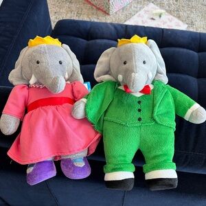 Babar Gray Elephant Plush Twin Set in Pink Dress & Green Suit